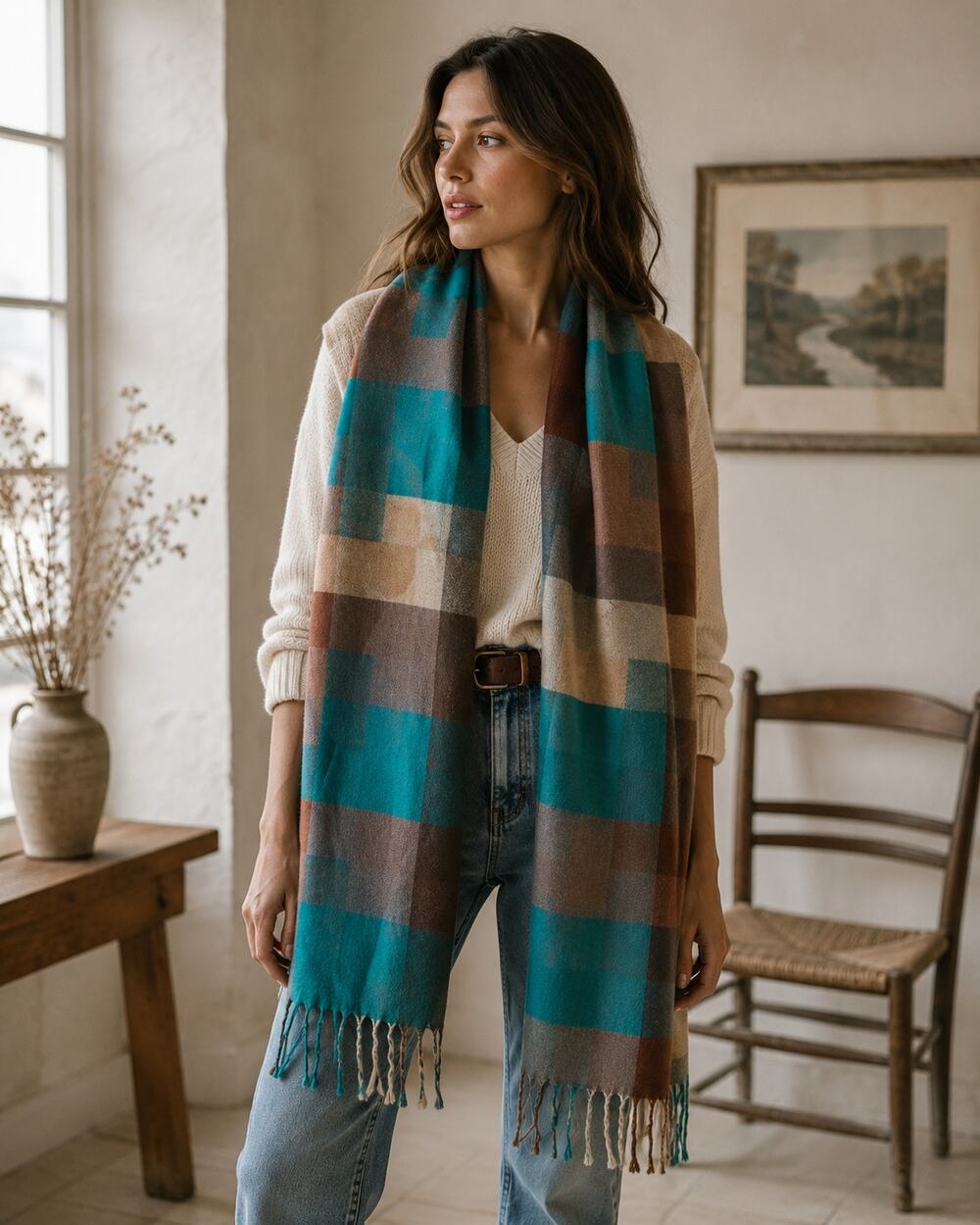 Womens Scarf Shawl Green Brown Plaid Tassel Hem Elevated Basic Comfortcore
